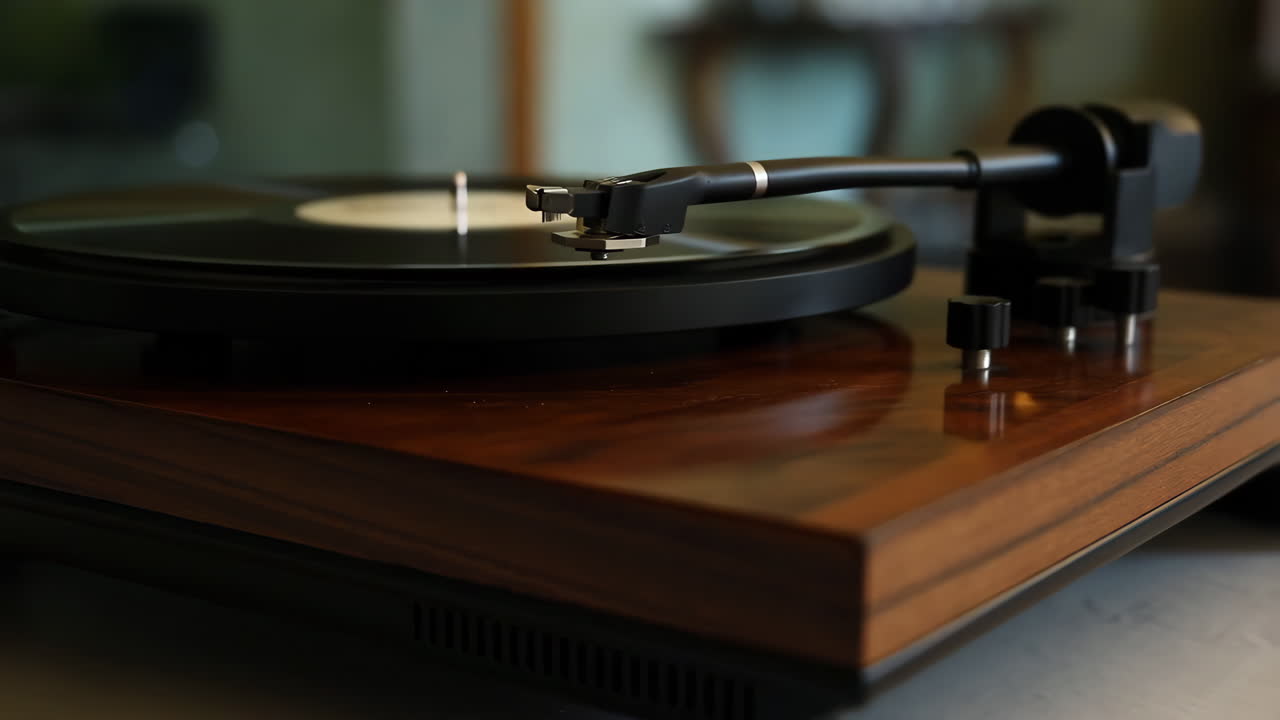 비닐 레코드를 재생하는 턴테이블의 클로즈업
