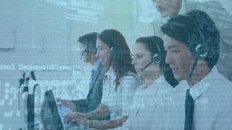 Animation-of-data-processing-over-diverse-business-people-in-office