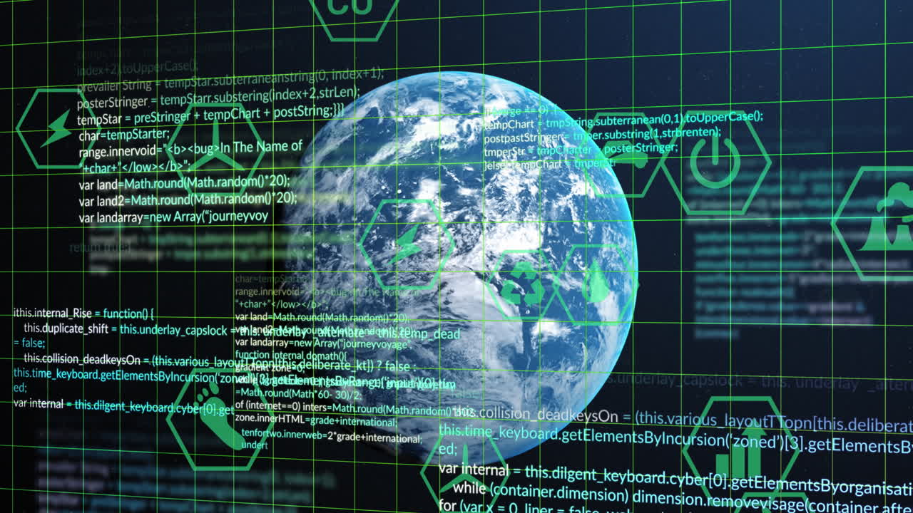Animation of eco icons and data processing over globe