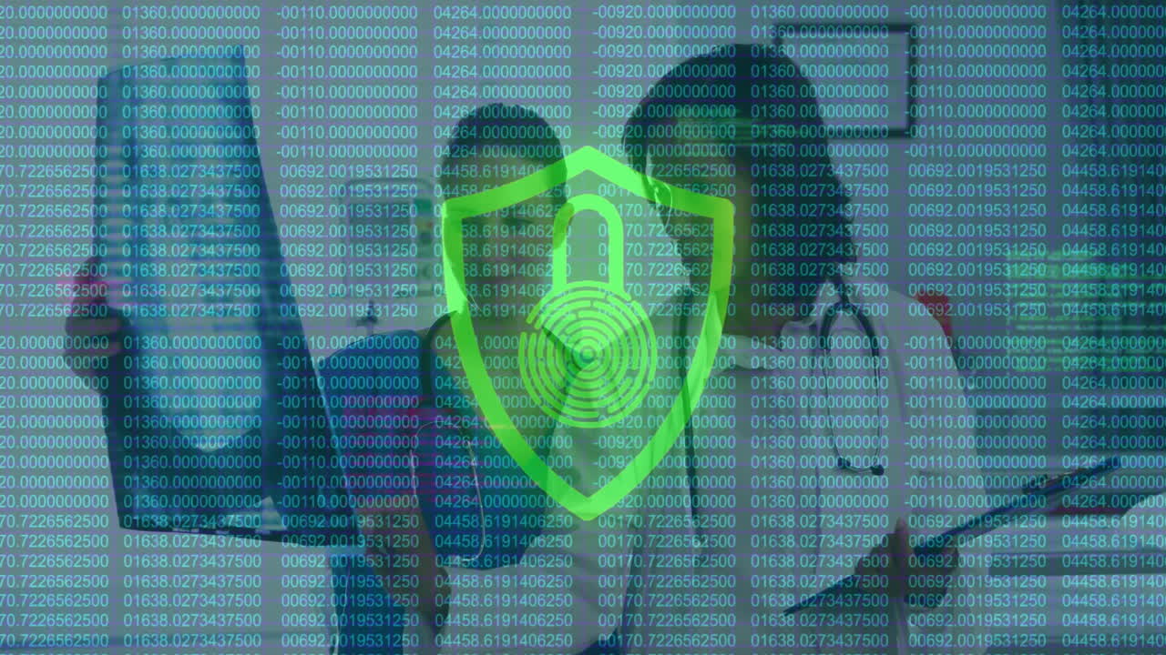 Digital security lock animation over people working with data on transparent screen