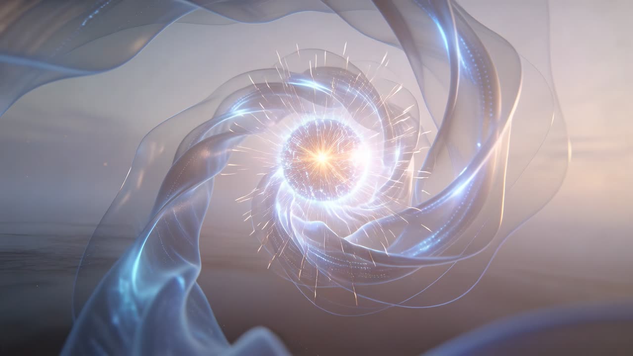 Nastri d'argento rotanti che formano un vortice interno tra scintille, foschia CGI, con il nucleo che si infiamma diventando una stella arancione.