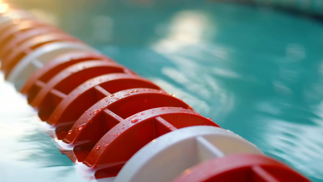A red and white swimming lane divider sits in the left foreground, running diagonally across turquoise pool water with bright shimmering reflections and a