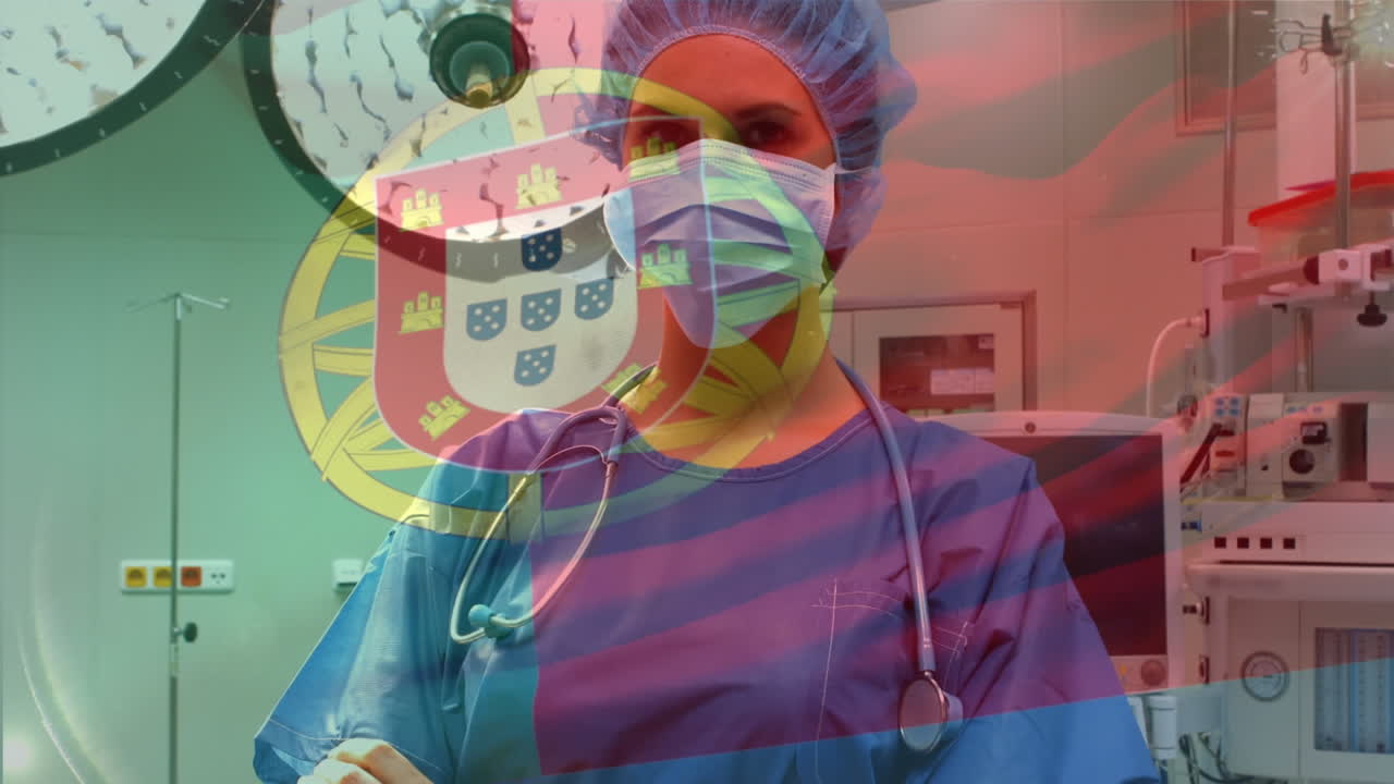 animación de la bandera de portugal ondeando sobre los cirujanos en el quirófano