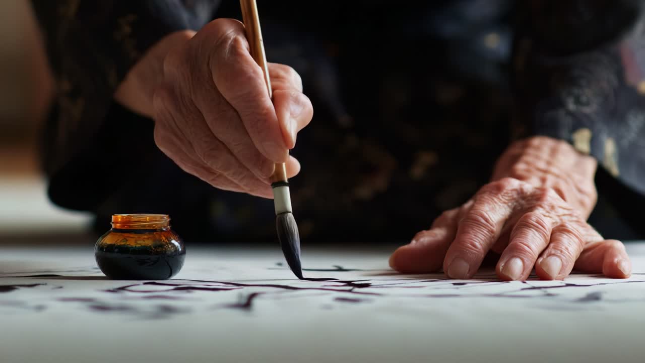 An artist delicately applies ink using a brush, capturing the elegance and precision of traditional painting techniques with a focus on the intricate details of the artwork