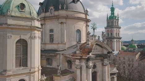 Aerial-City-Lviv,-Ukraine.-European-City.-Popular-areas-of-the-city.-Dominican