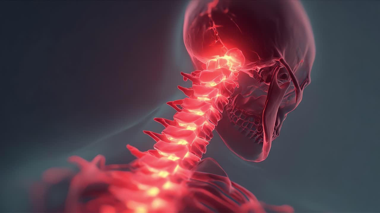 En detaljeret visualisering af menneskets rygsøjle med fokus på neurale baner og cervikale strukturer, der fremhæver det komplekse samspil mellem skelet- og nervesystemet.