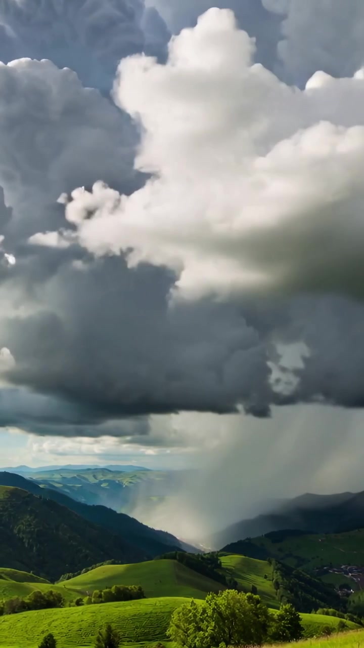 Video verticale: Nuvola cumulonembo in formazione che cresce su una valle di montagna, formando una densa colonna di pioggia.