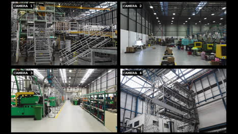 four security camera views of industrial warehouse and factory interiors, slow motion