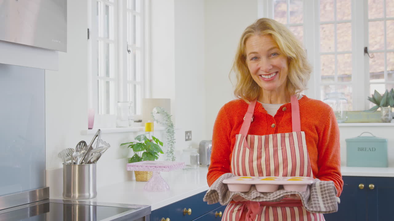 Portrait Of Senior Woman In Kitchen At Home Holding Tray Of Freshly Baked Cupcakes