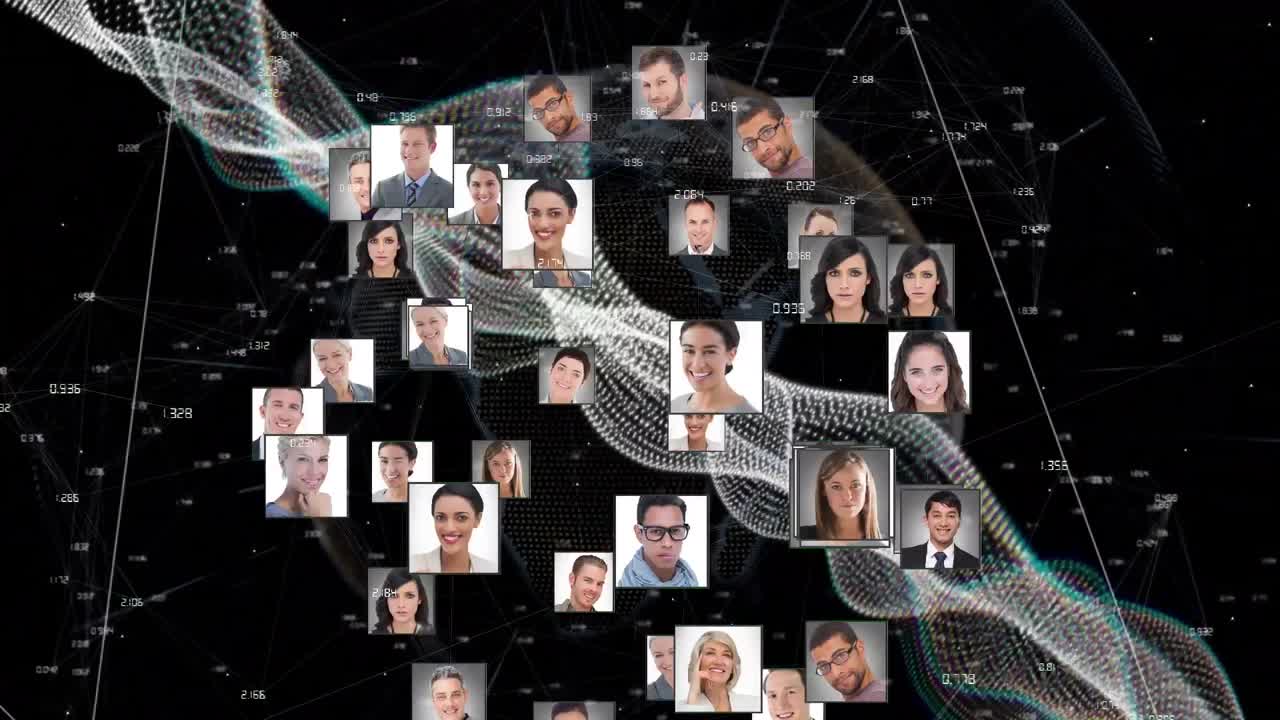 анимация обработки данных по всему миру с подключениями и фотографиями.