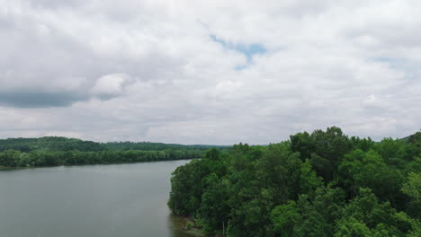 Mousetail-Landing-State-Park-With-Serene-River-And-Lush-Jungle-In-Linden,-Tennessee,-USA---aerial-drone-shot