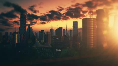 futuristic city concept. wide shot of an animated modern urban megapolis with creative skyscrapers with banks, offices, hotels, autonomous flying machines and perfect cloudy sky and sunset.