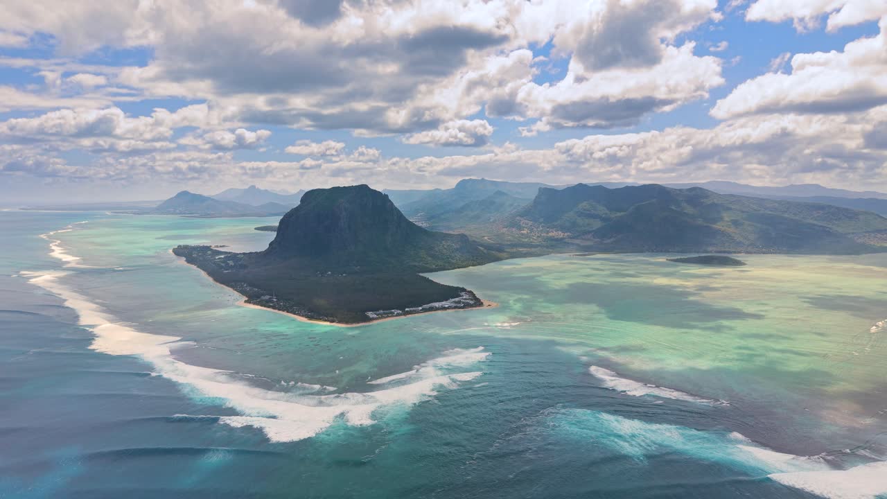 Still aerial drone shot of the Mauritius underwater waterfall illusion
