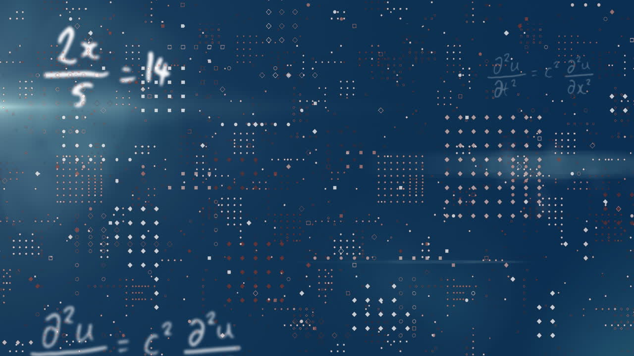 animación de una ecuación matemática sobre puntos rojos y blancos contra un fondo abstracto