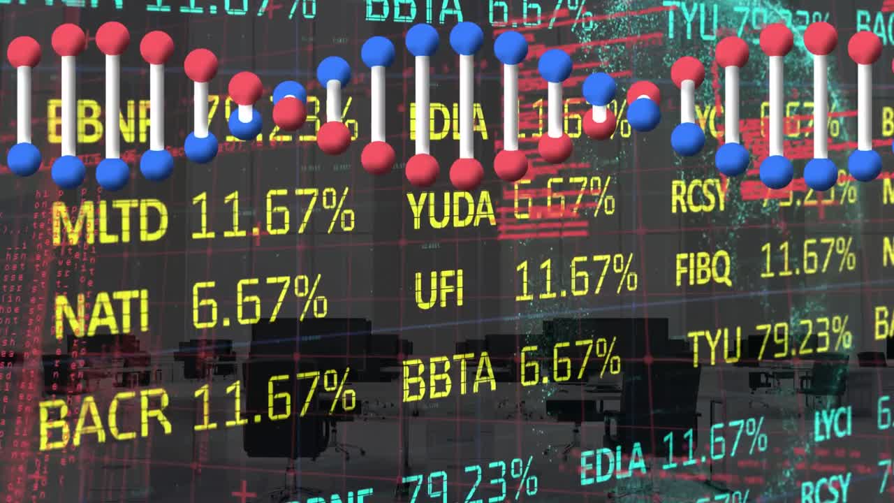 dna 구조의 애니메이션과 빈 사무실에 대한 주식 시장 데이터 처리