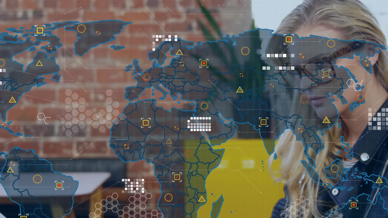 Female cafe user lifting smartphone and scrolling, expanding map overlay for analytics