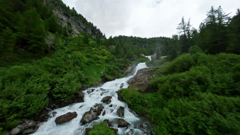 cascading rutor waterfall amidst lush green forest in aosta valley, italy, aerial view