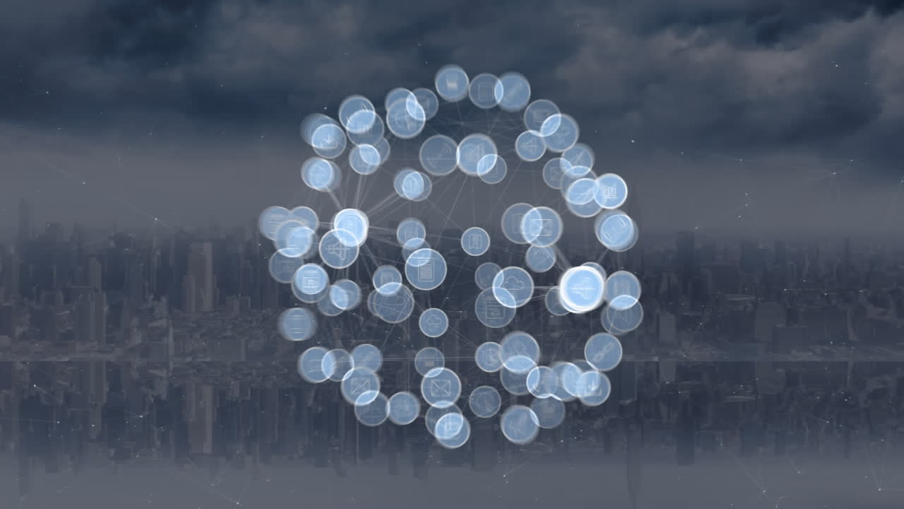 도시 풍경 위의 아이콘으로 연결된 네트워크의 애니메이션