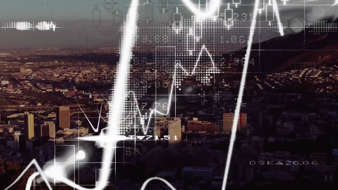 animación del procesamiento de datos con la ciudad en el fondo