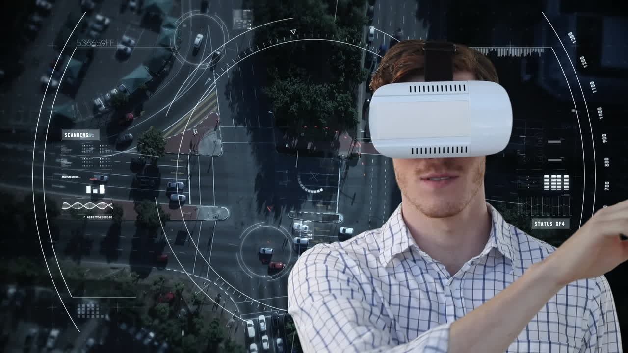 Animazione di scansione su uomo d'affari che indossa un visore VR e paesaggio urbano.
