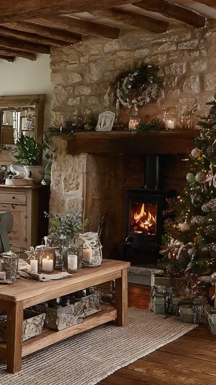 Un soggiorno accogliente e invitante decorato per le feste, con un bellissimo albero di Natale, un caldo caminetto e un'elegante tavola imbandita
