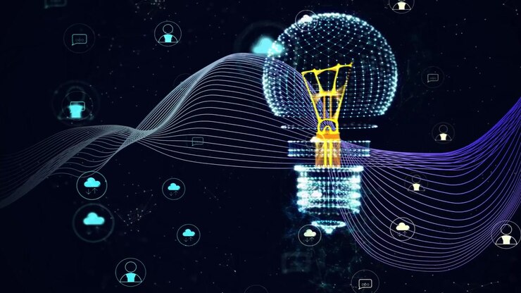 Left ribbons coming and pulsing, starting blue bulb compacting while icons orbiting, joining data