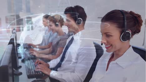 Animation-of-globe-over-business-people-using-phone-headsets