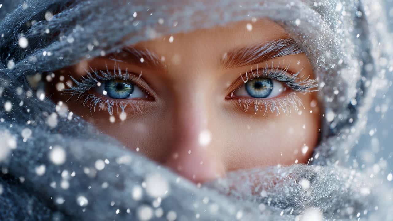 A close-up view of a woman's face, partially covered by a scarf, revealing enchanting blue eyes with frost on eyelashes amidst falling snowflakes in a winter landscape