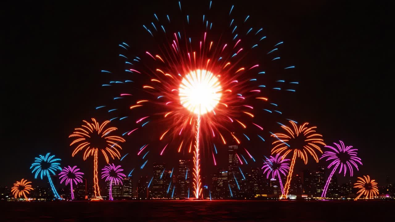 A Spectacular Display of Colorful Fireworks Illuminating the Night Sky With Vibrant Patterns and Shapes Against a City Skyline Backdrop