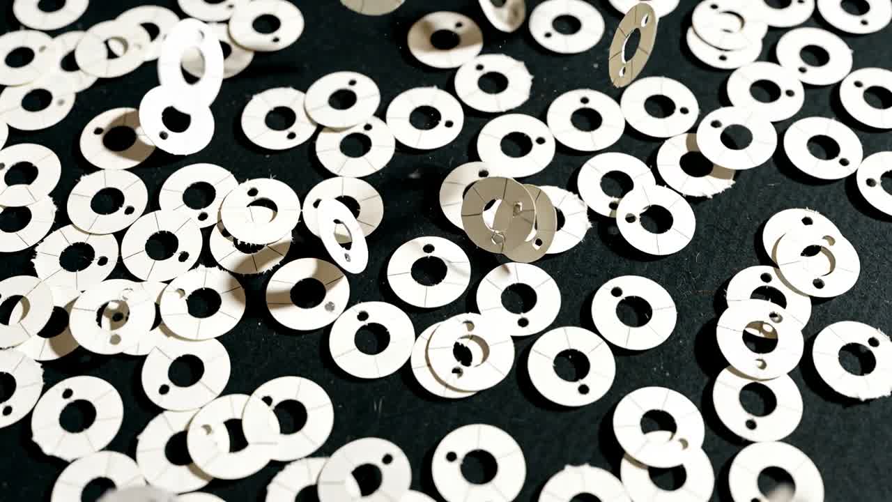Hvite hullskiver som løfter seg og roterer etter et trykk på en mørk overflate, viser stabler for design.