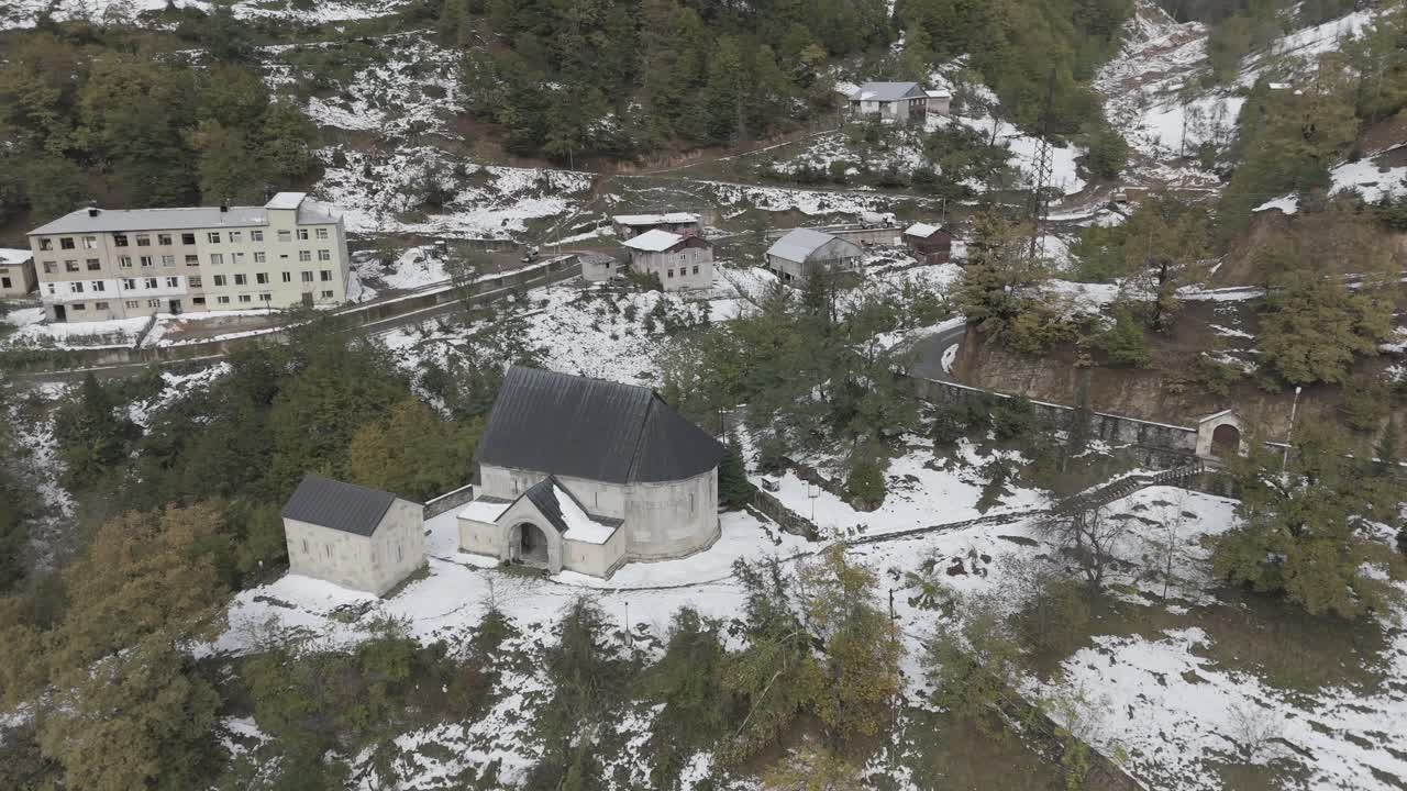 Cinematic daytime drone footage of a church in Ajaria, Georgia.