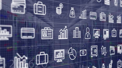 animation of data processing with icons over server room