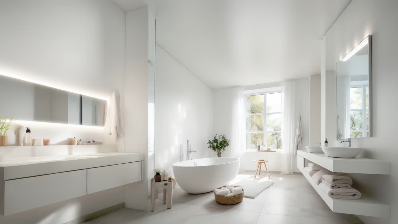 Vidvinkelbild av ett modernt, minimalistiskt badrum med ett fristående badkar, dubbla handfat och mjukt