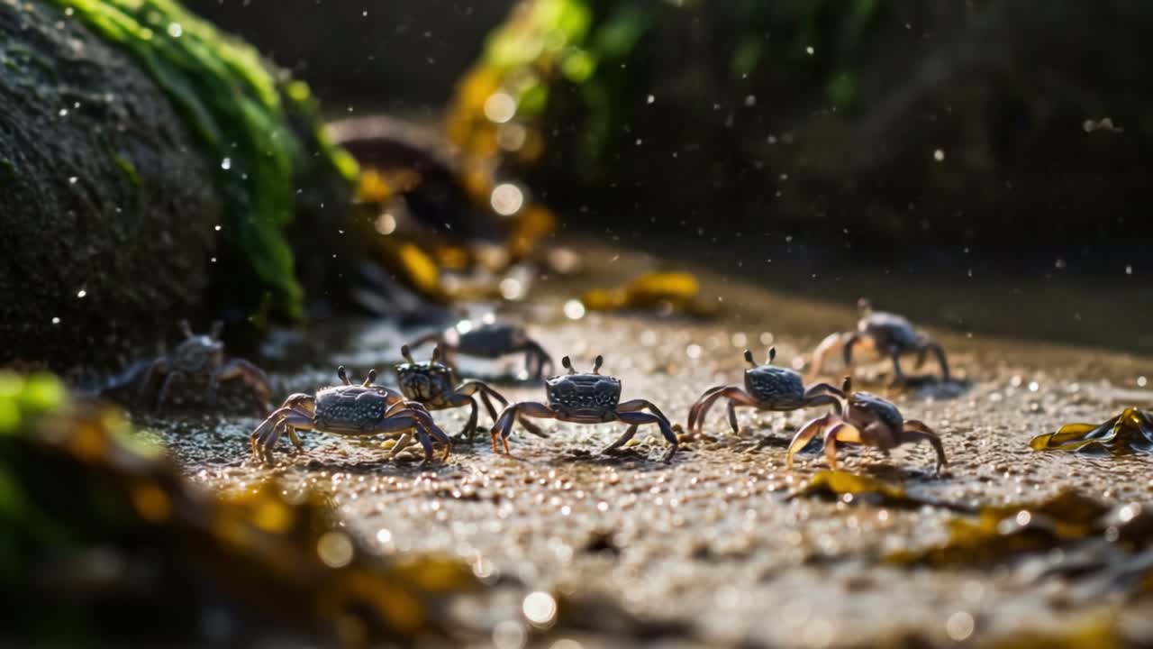 Exploring the Shoreline: A Group of Crabs Amidst Splashing Water and Seaweed, Capturing the Vibrant Ecosystem of Coastal Life in Two Stages