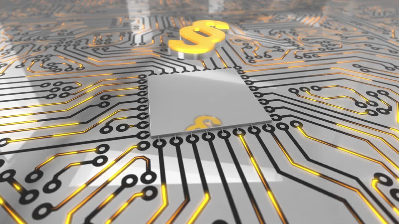 Bright orange rotating computer circuit board concept law loop 4K