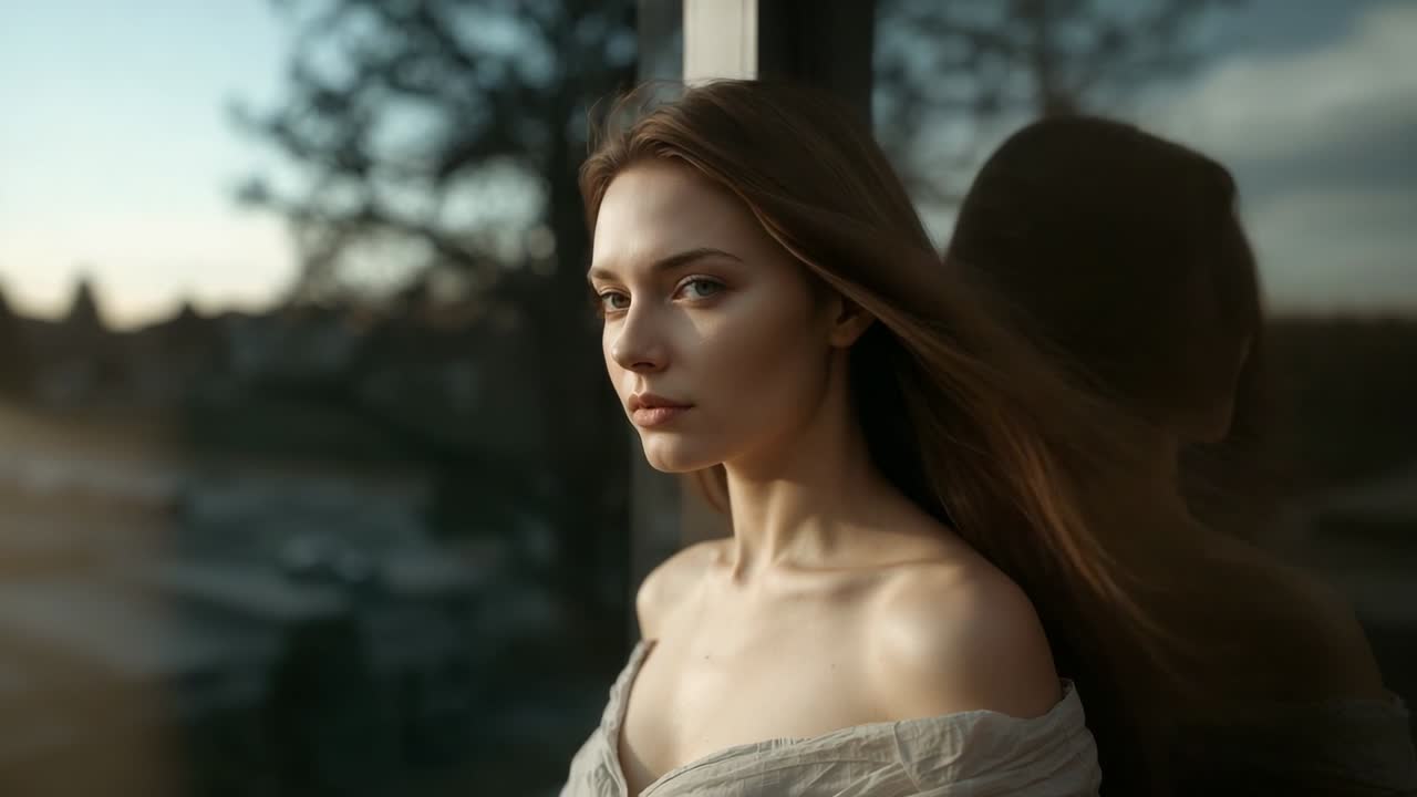 Shifting head, model feeling breeze lifting hair at glass, off-shoulder top reflection in pose
