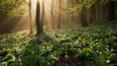 sunlight streams through a misty forest filled with wildflowers