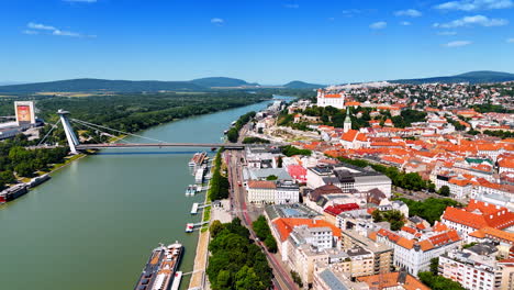 view of bratislava and the danube river. aerial perspective showcasing bratislava's skyline along the danube river on a sunny day with clear skies