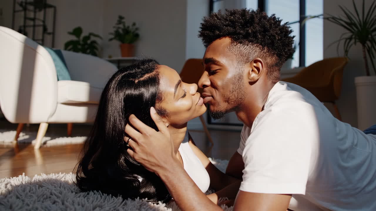Affectionate Black Couple Sharing Intimate Moments at Home