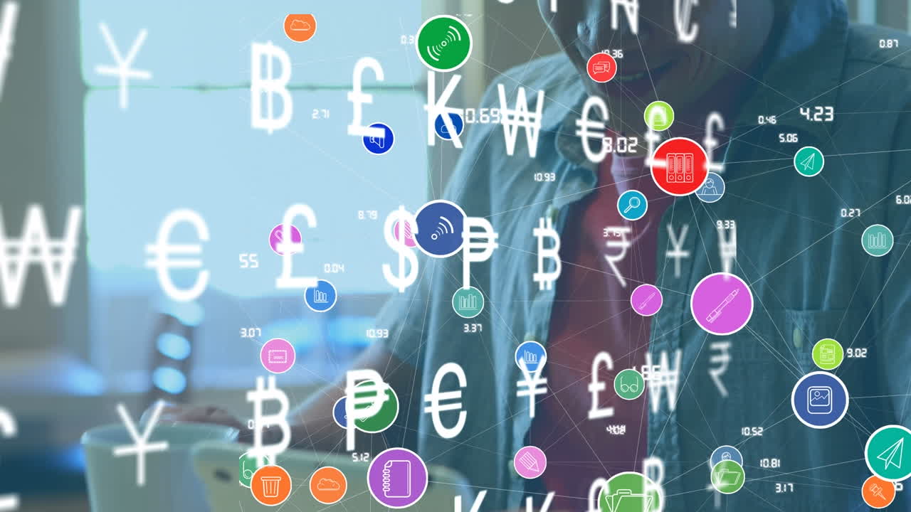 스마트폰을 사용하는 아시아 남성 위의 미디어 아이콘의 애니메이션