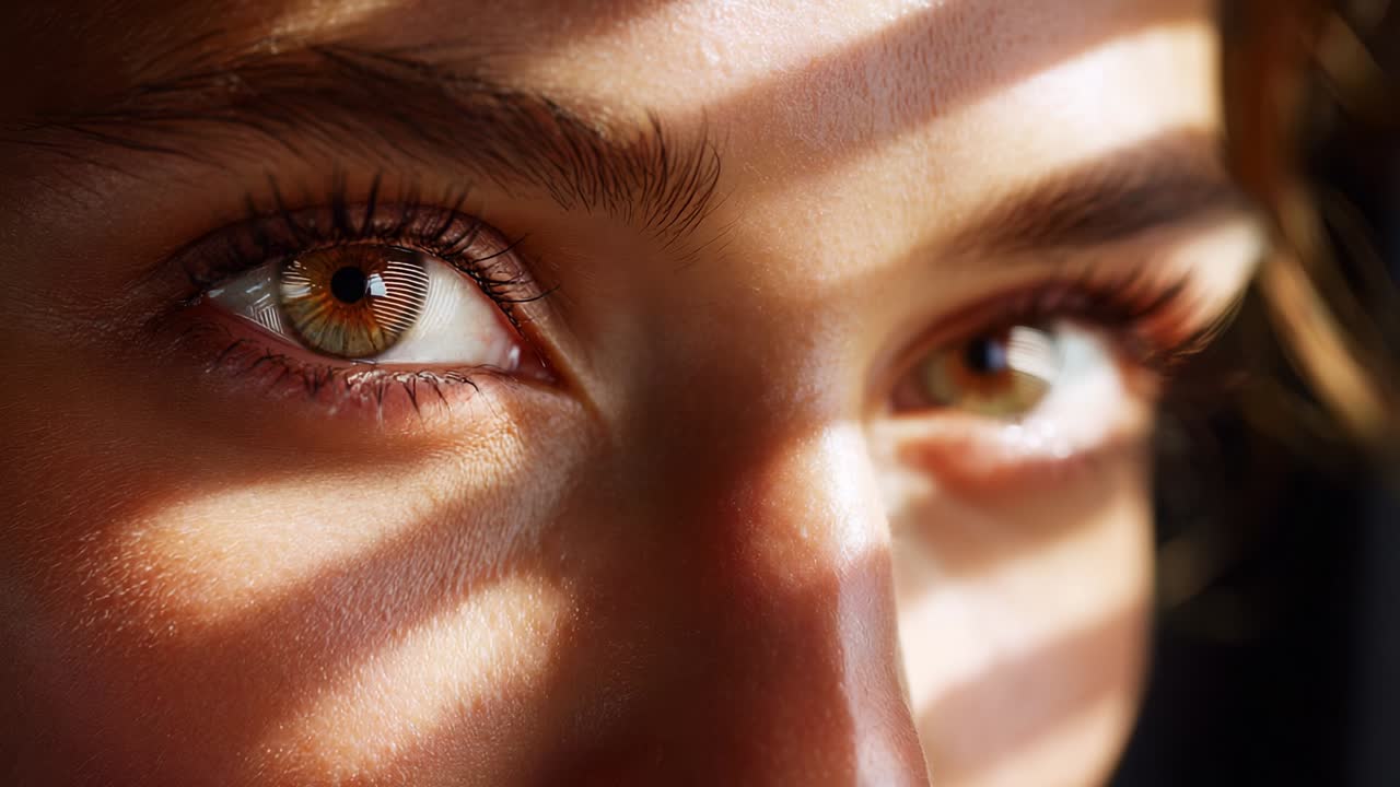 Captivating Close-Up of Striking Eyes Illuminated by Soft Light Filtering Through Stripes, Highlighting Their Unique Color and Expressive Features, Evoking Intrigue and Emotion in Each Frame