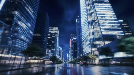 a stunning nighttime cityscape view with glimmering lights and reflections on wet streets, capturing the essence of urban life in motion