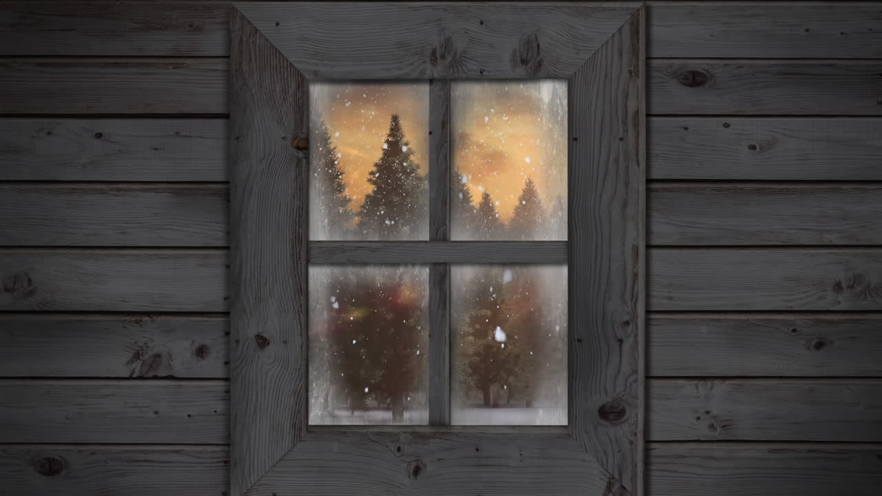 Animation of window view of christmas tree and winter landscape