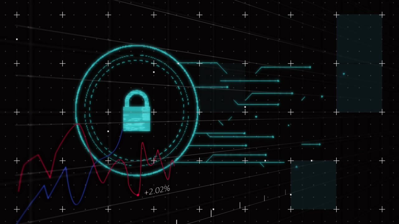 Digital Security Interface with Financial Data Graphs and Lock Icon