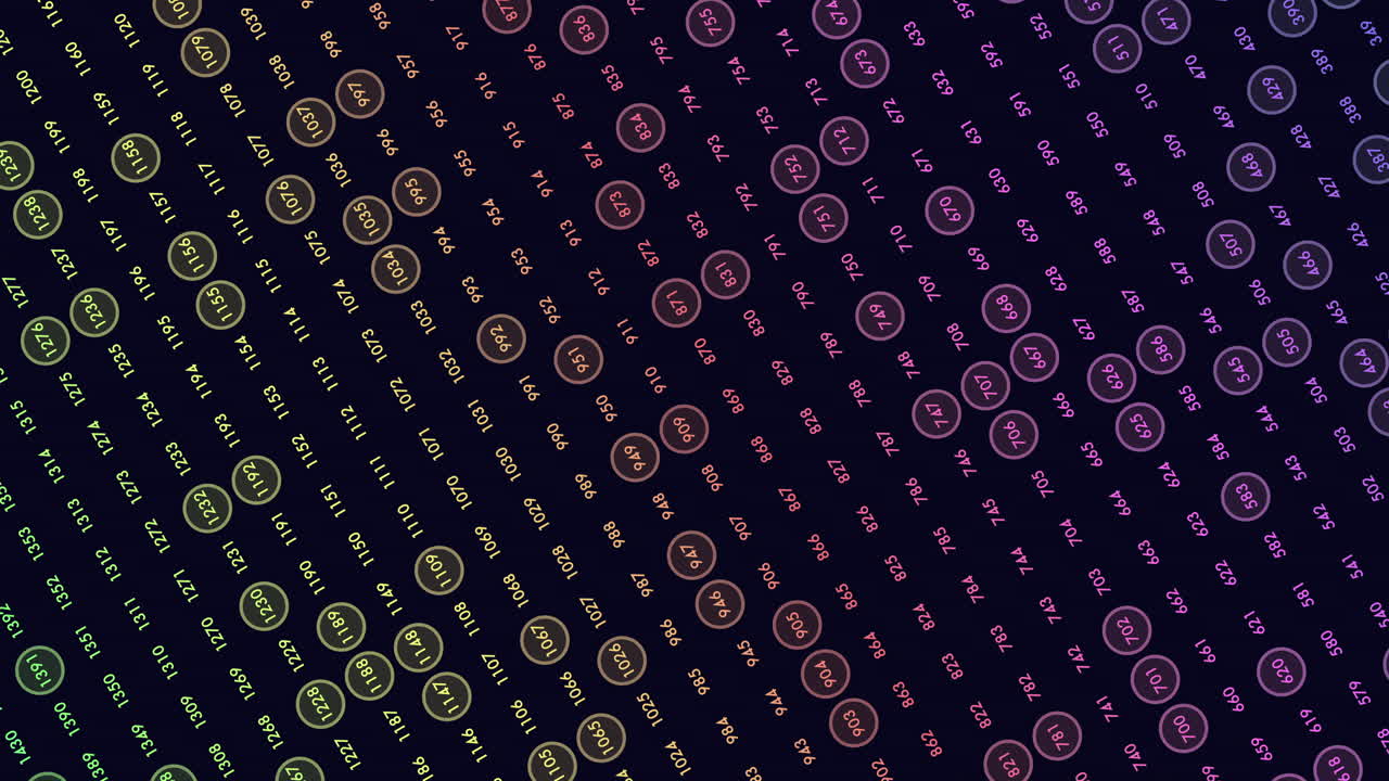 Abstract footage of multicolored numbers and circled digits drifting diagonally on a dark background, suggesting big data, analytics, coding, and digital information flow