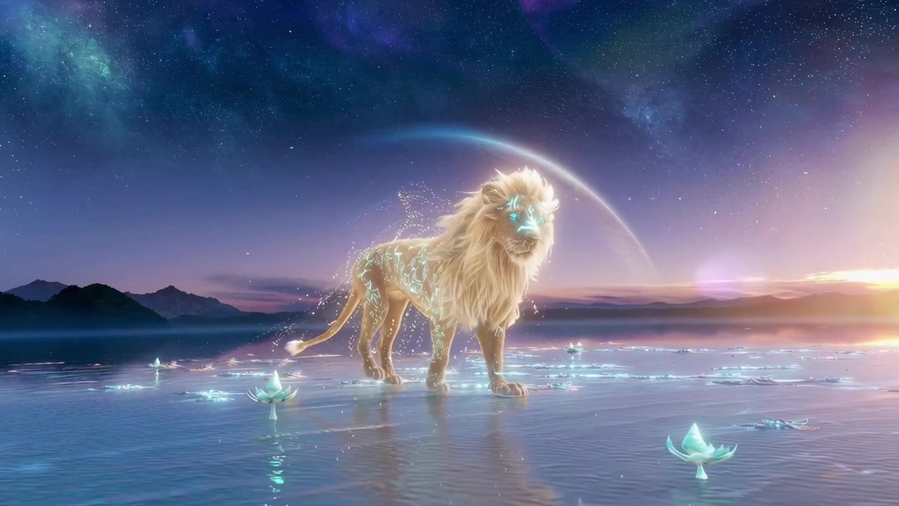 Majestic Glowing Lion Standing in Mystical Water Under a Starry Sky