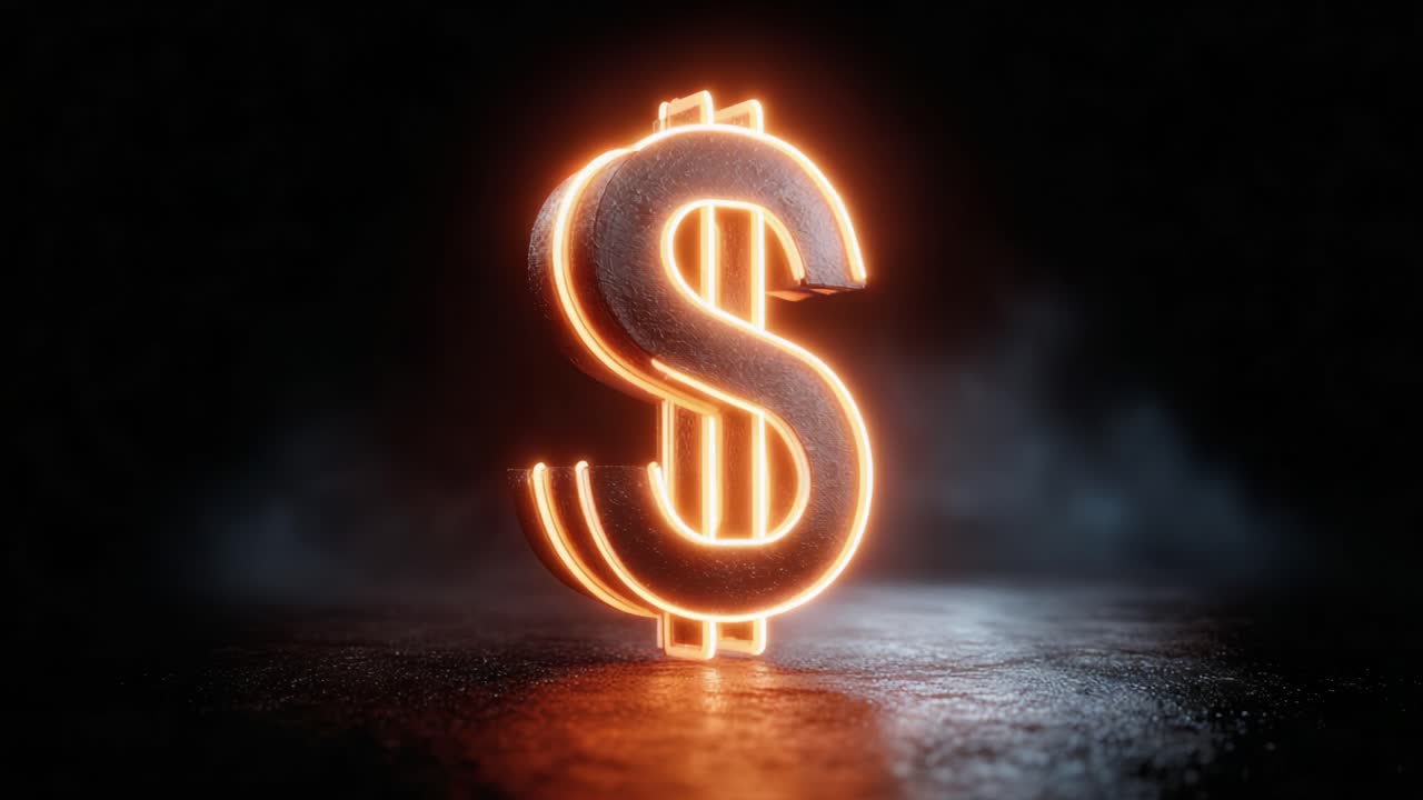 Aydınlatılmış Dolar İşareti: Karanlık bir atmosferde zenginlik ve finansın çarpıcı bir 3D render’ı. Finansal kavramlar ve parasal temalar için mükemmel.