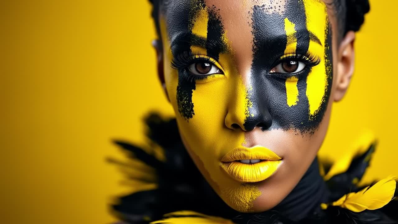 A woman with a yellow and black face paint and yellow lips