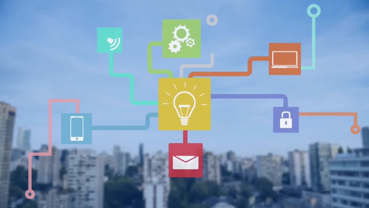 animación de la red de conexiones con iconos sobre el paisaje urbano