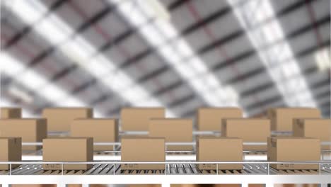 animación de cajas de cartón que se mueven en cintas transportadoras sobre el almacén